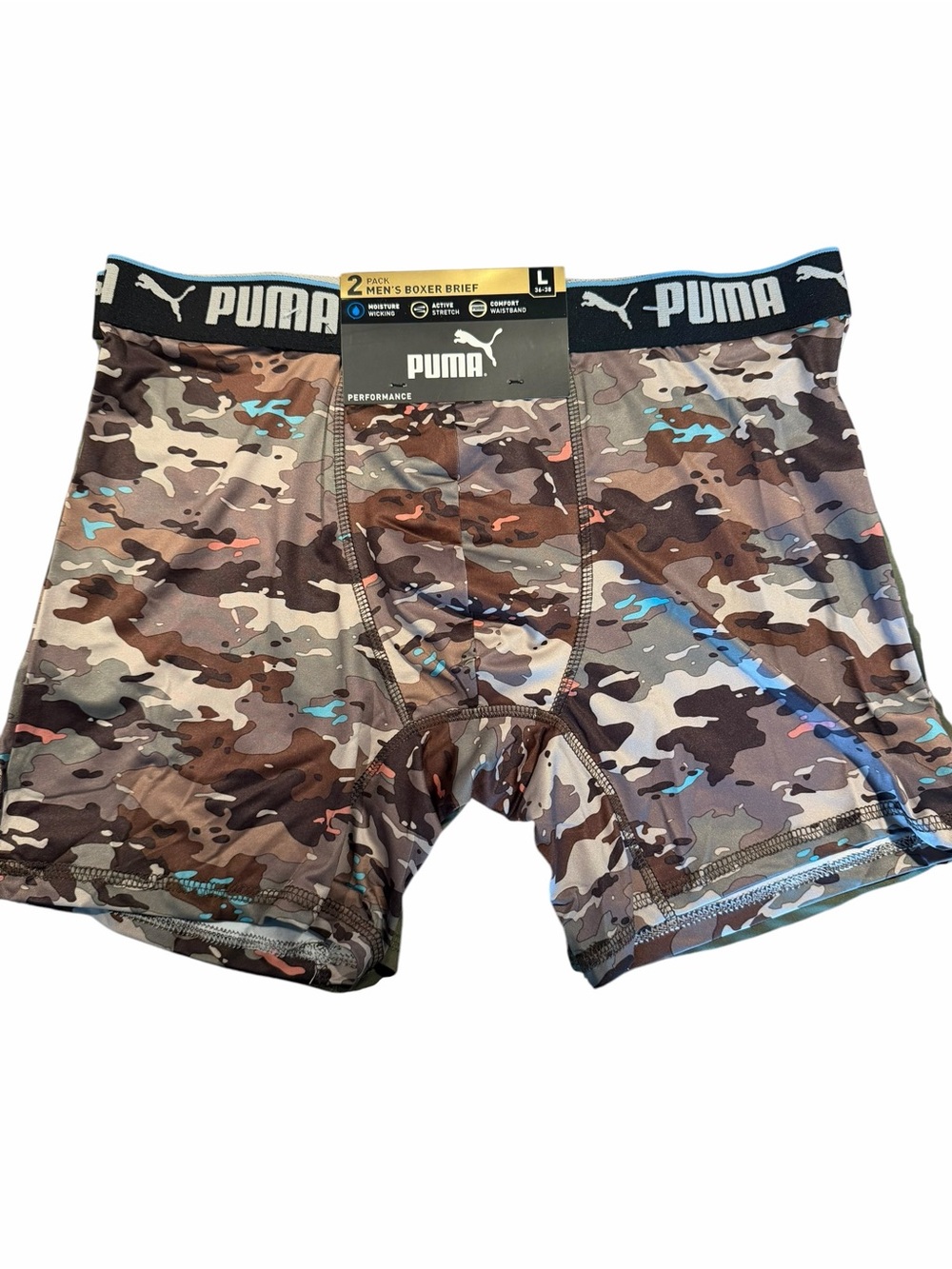 Puma Men’s Camo Performance Boxer Briefs - Brown/Green with Blue Accent